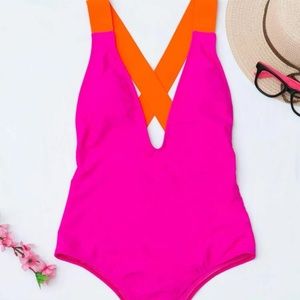 Pink Cross-back Plunging One piece Swimsuit